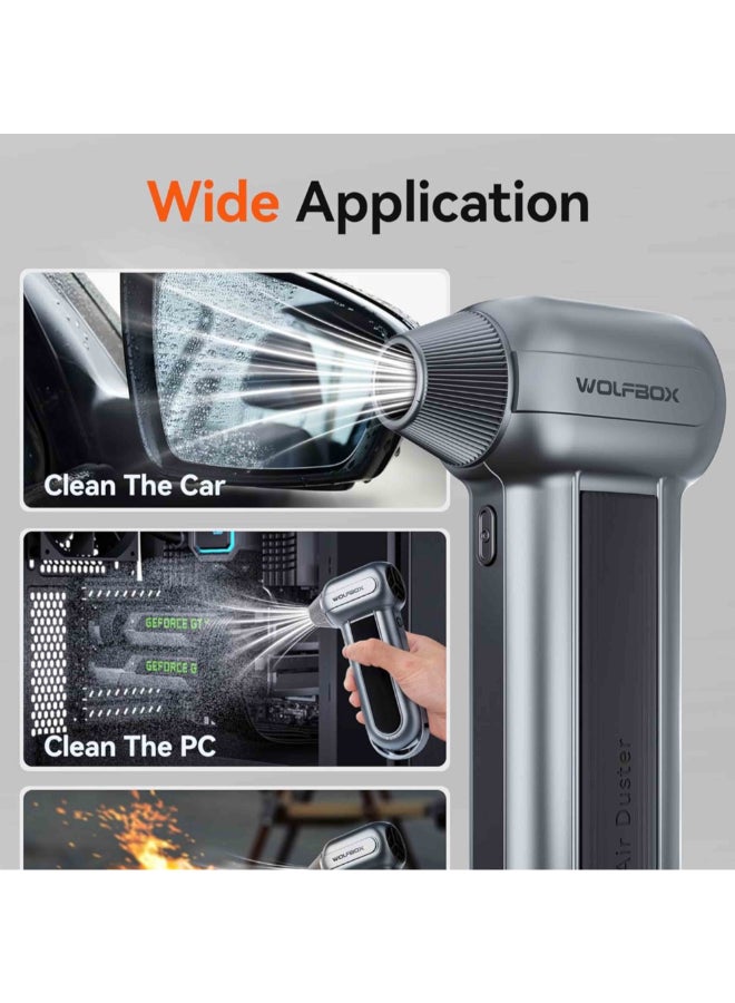 WOLFBOX 150K RPM 6000mAh 3-Gear Turbofan Rechargeable Cordless Electric Air Duster Grey 5.8 x 22.5 x 15.5 cm MEGAFLOW 100 - Image 4